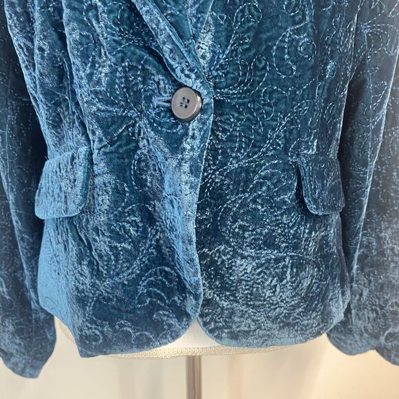 Bandolino Blazer Jacket Women's Size 12 Teal Velvet Floral Embroidered Boho - Picture 4 of 8
